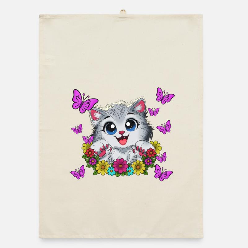 Un baiser de chat dans une couronne florale Torchon bio