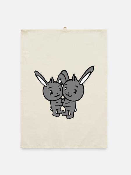 2 lapins deux amis équipe équipage couple câlin mignon - Torchon bio - nature - Devant