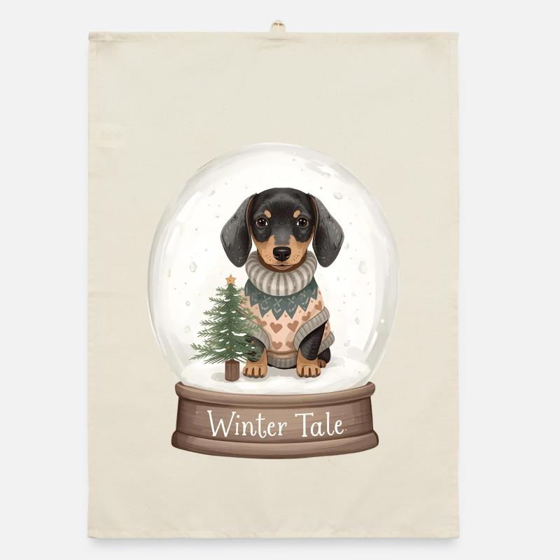 Dachshund in Snow Globe – Winter Tale Organic dish towel