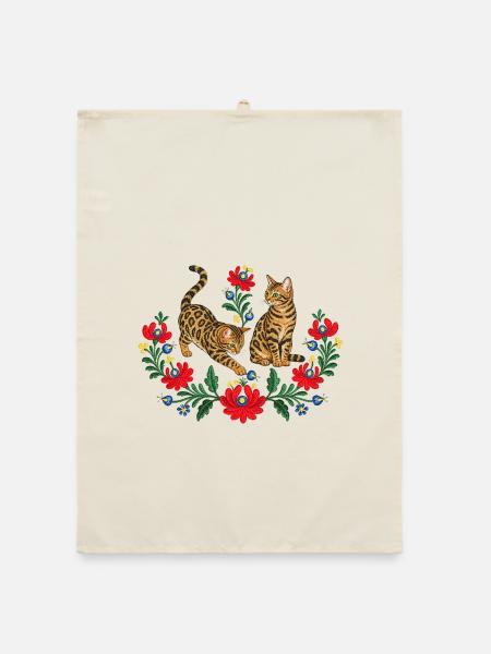 Bengal Cat Folk Art Embroidery - Organic dish towel - nature - Front