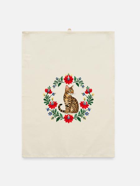 Couronne broderie de chat du Bengale - Torchon bio - nature - Devant