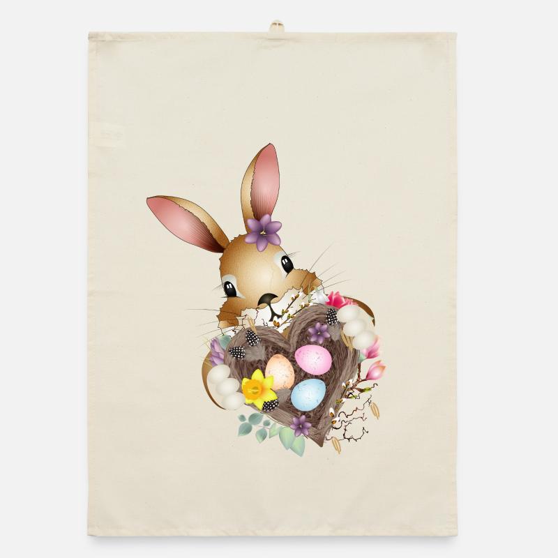 Cute Easter bunny with heart and Easter basket Organic dish towel