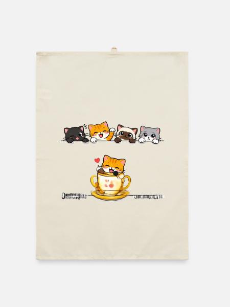 Kawaii Katzen-Teeparty - Organic Geschirrtuch - Natur
