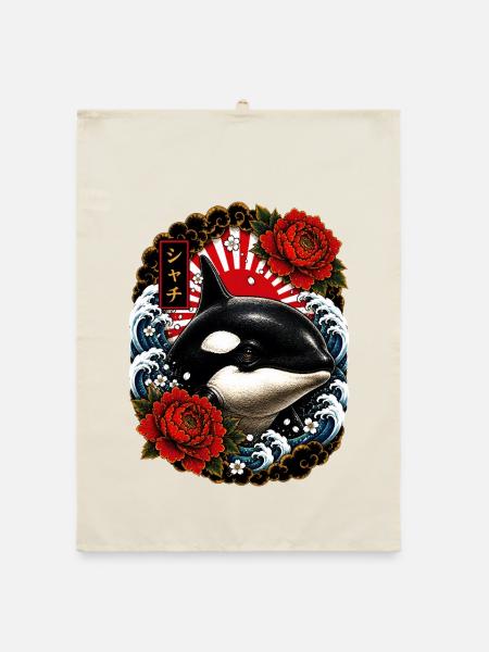 Orca im japanischen Irezumi Tattoo Stil - Organic Geschirrtuch - Natur - Vorne