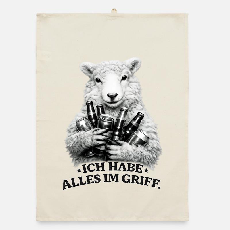 Sheep with beer cans saying - Organic dish towel - nature