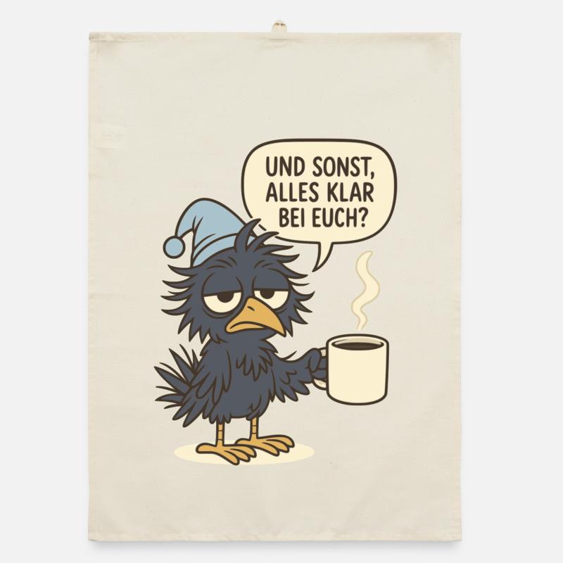 Mürrischer Rabenvogel mit Kaffeetasse - Organic Geschirrtuch - Natur