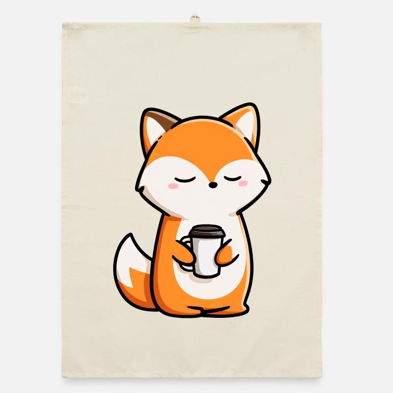 Cute Fox Holding Coffee Cup - Adorable design Organic dish towel
