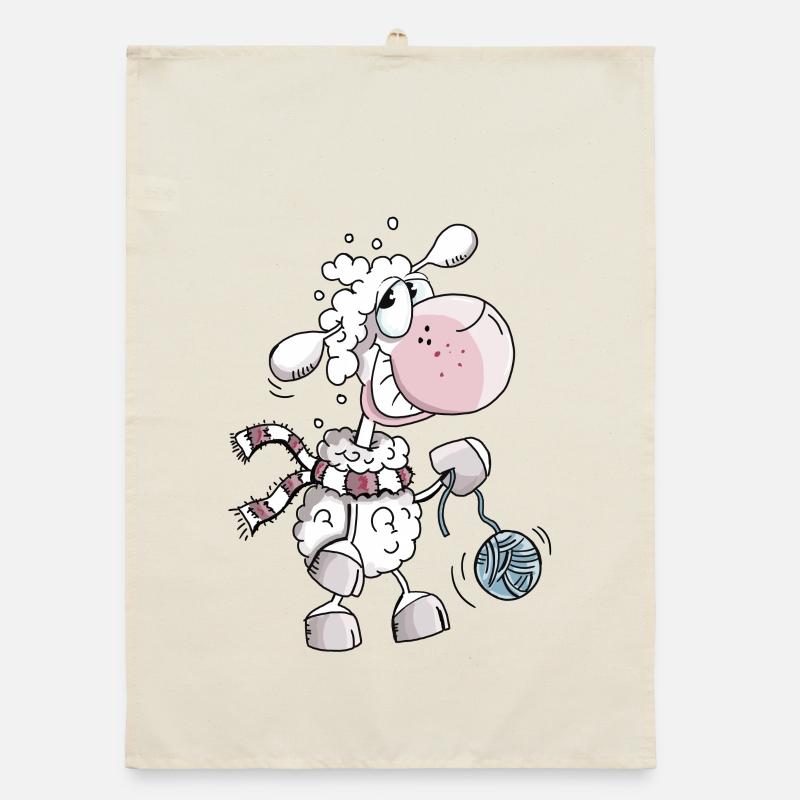 Schaf mit Wollknäuel - Schafe - Schäfchen - Comic - Organic Geschirrtuch - Natur