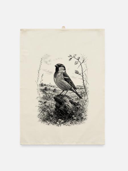 Cute sparrow artfully drawn on tree trunk - Organic dish towel - nature - Front