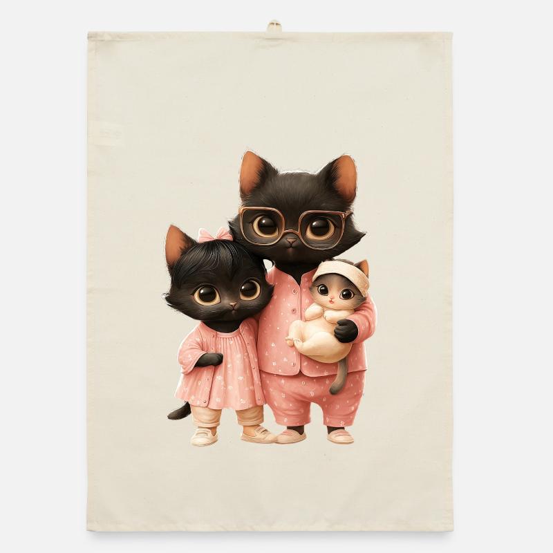 Famille de chats en pyjama avec bébé - Torchon bio - nature