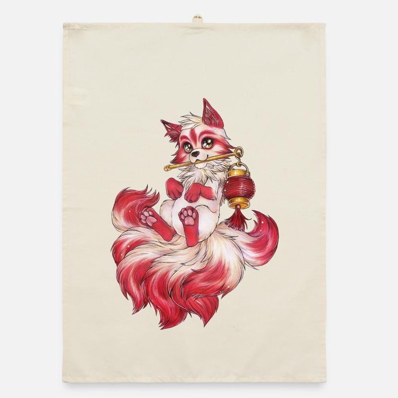 Kitsune with Lantern Japanese Fox Ghost Organic dish towel