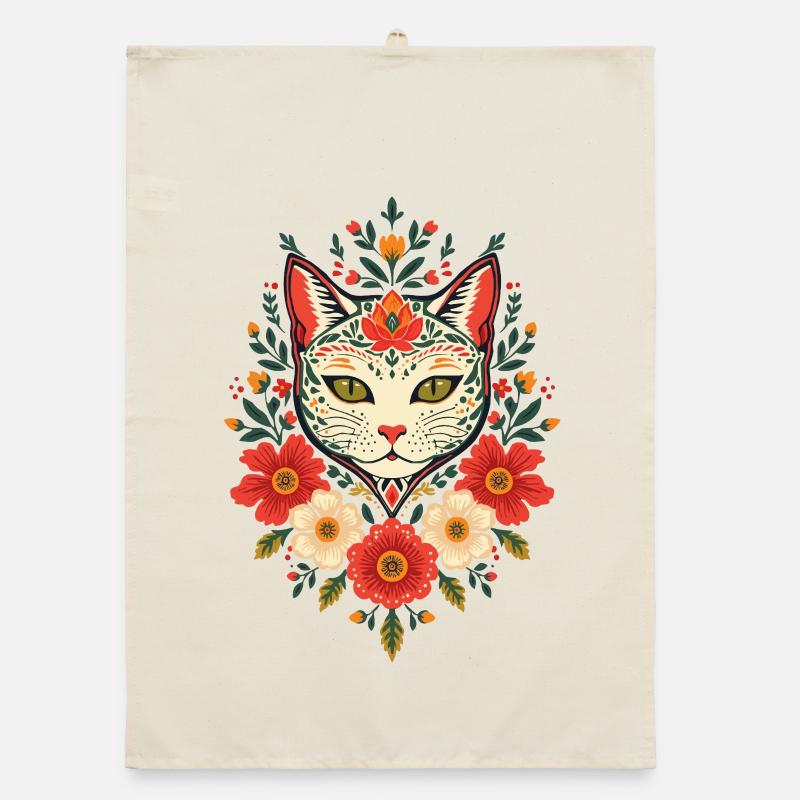 Chat fleur dans le style folklorice Torchon bio