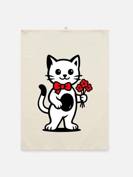 Kawaii Katzenfreund mit roter Schleife - Organic Geschirrtuch - Natur - Vorne