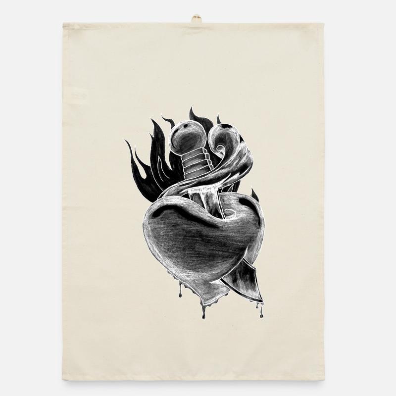 Flame Heart Dagger Sketch Organic dish towel