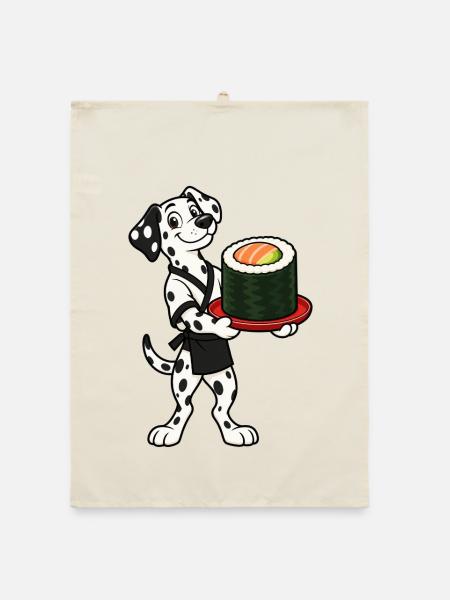 Dalmatinischer Kellner serviert eine riesige Sushi-Rolle - Organic Geschirrtuch - Natur - Vorne