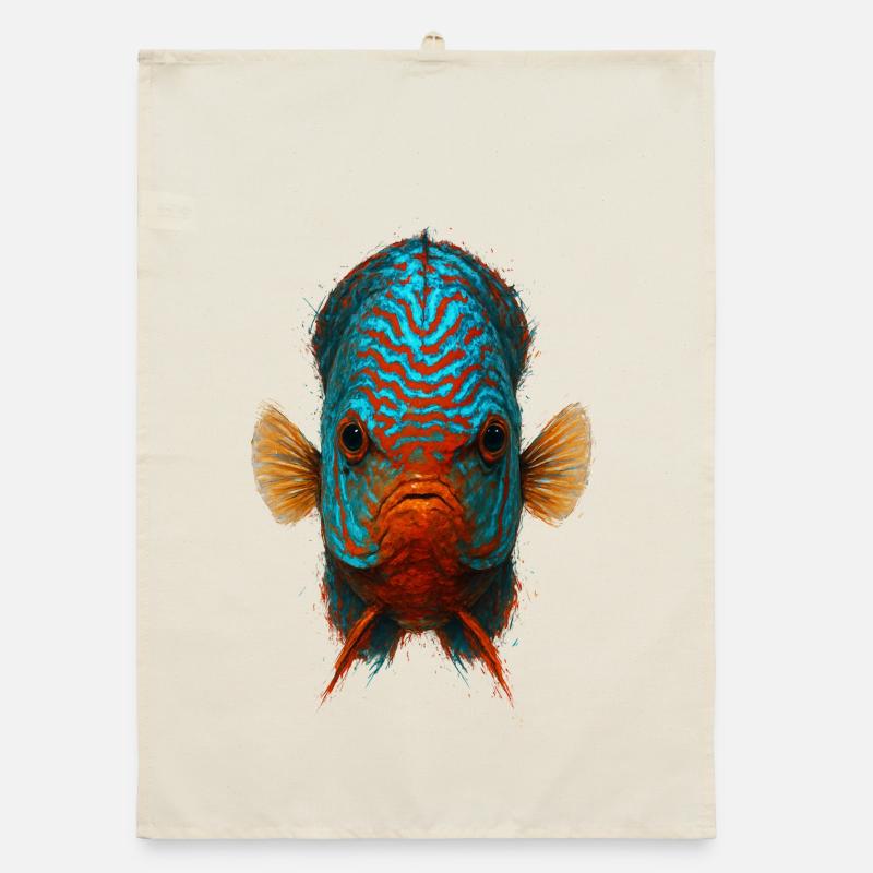 Blue and Orange Discus Fish with Intense Eyes Organic dish towel