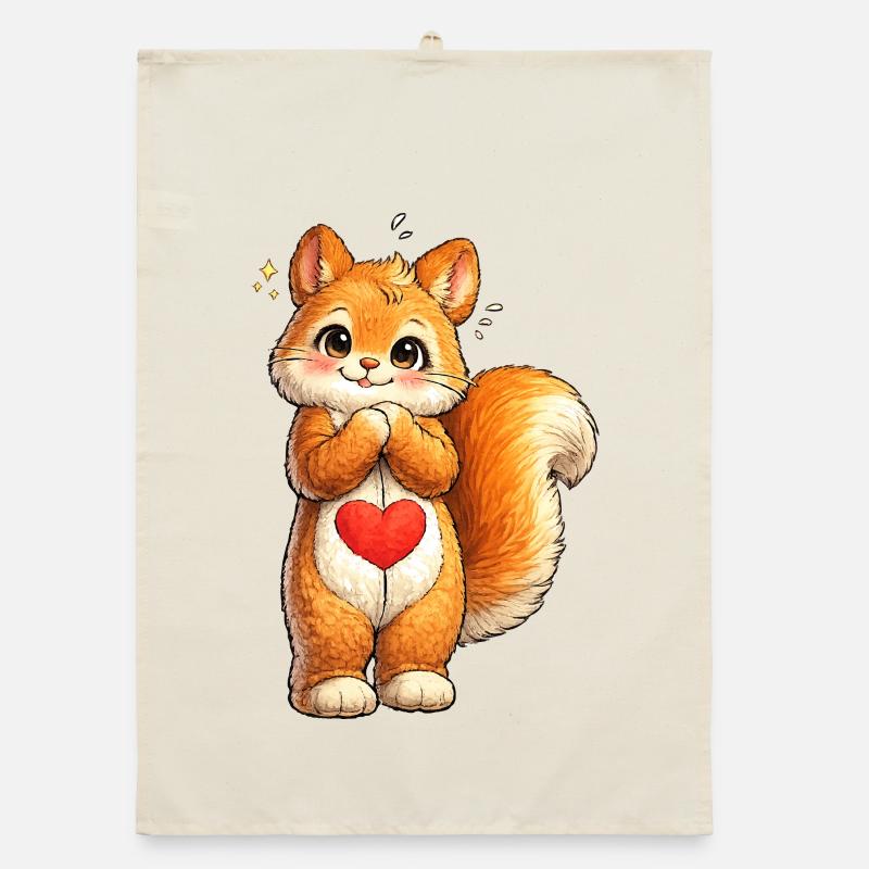 Shy squirrel with red heart Organic dish towel