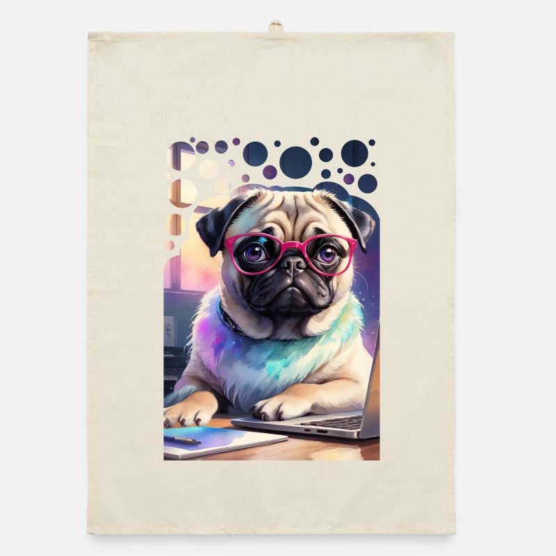 Bürohund Mops mit Laptop und pinker Brille Pop Art - Organic Geschirrtuch - Natur