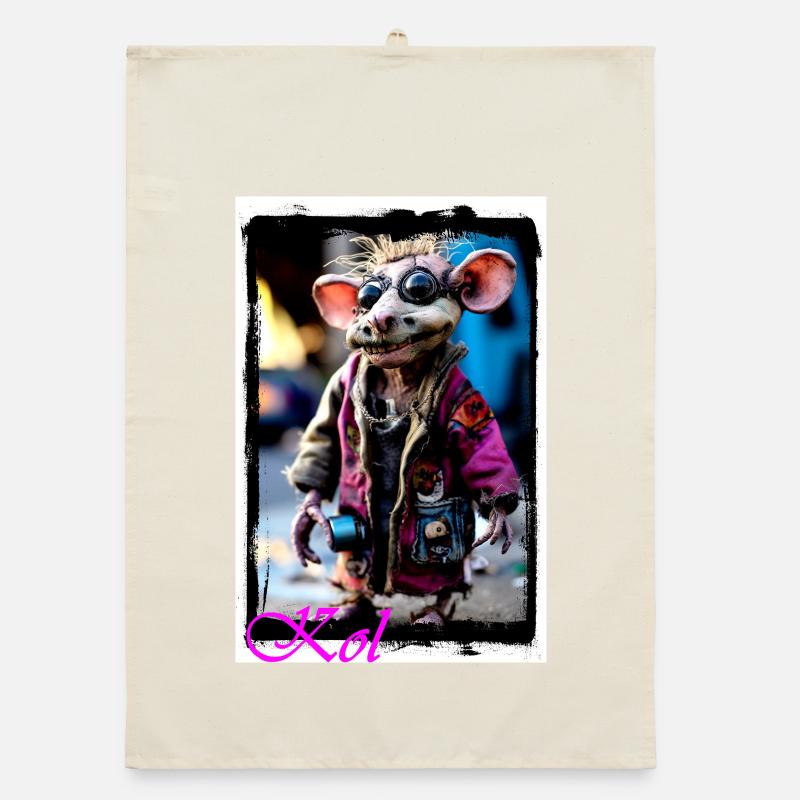 Bizarre mouse puppet as a punk with sunglasses Organic dish towel