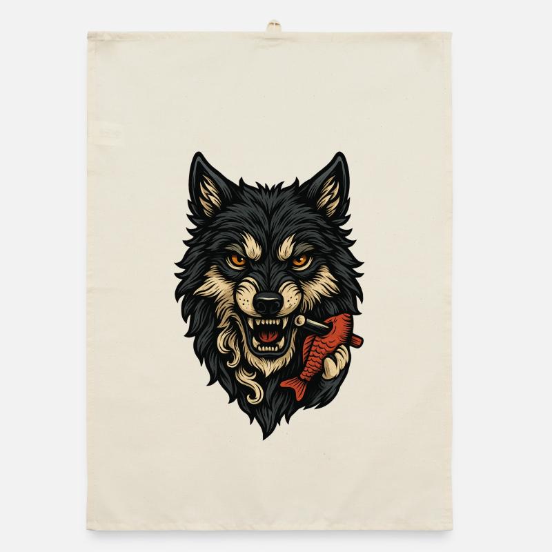 Wild wolf face with bone Organic dish towel