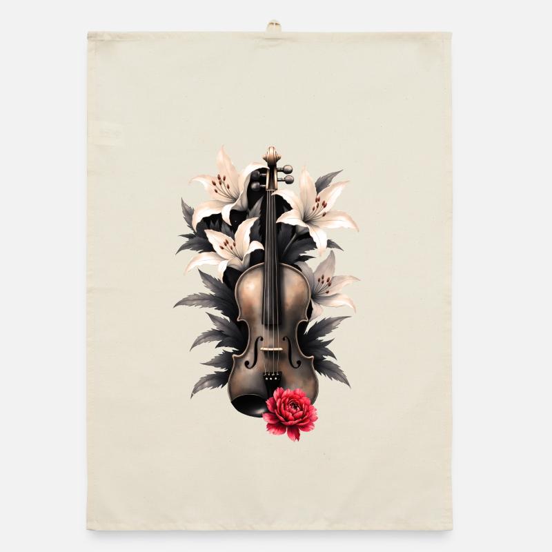 White floral violin with rose Organic dish towel