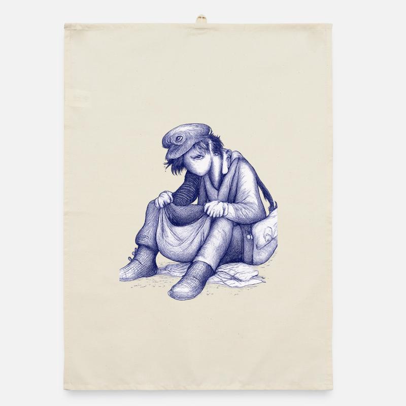 Sad dreamer with bird hat Organic dish towel