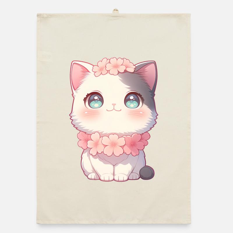 Couronne de fleurs de sakura en chat blanc de Kawaii style chibi Torchon bio