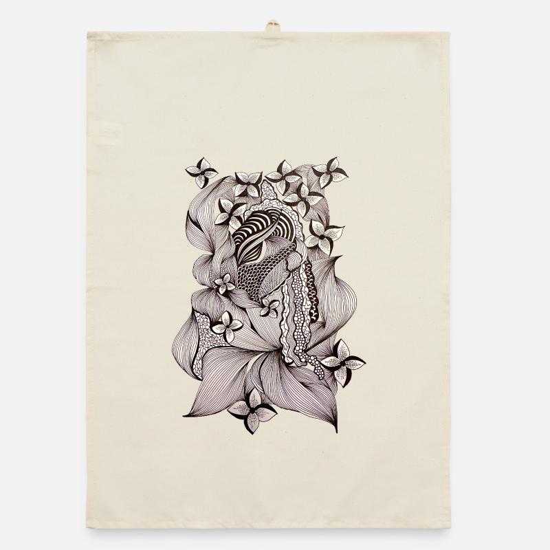 Zentangle Blumenmuster Schwarzweiß - Organic Geschirrtuch - Natur