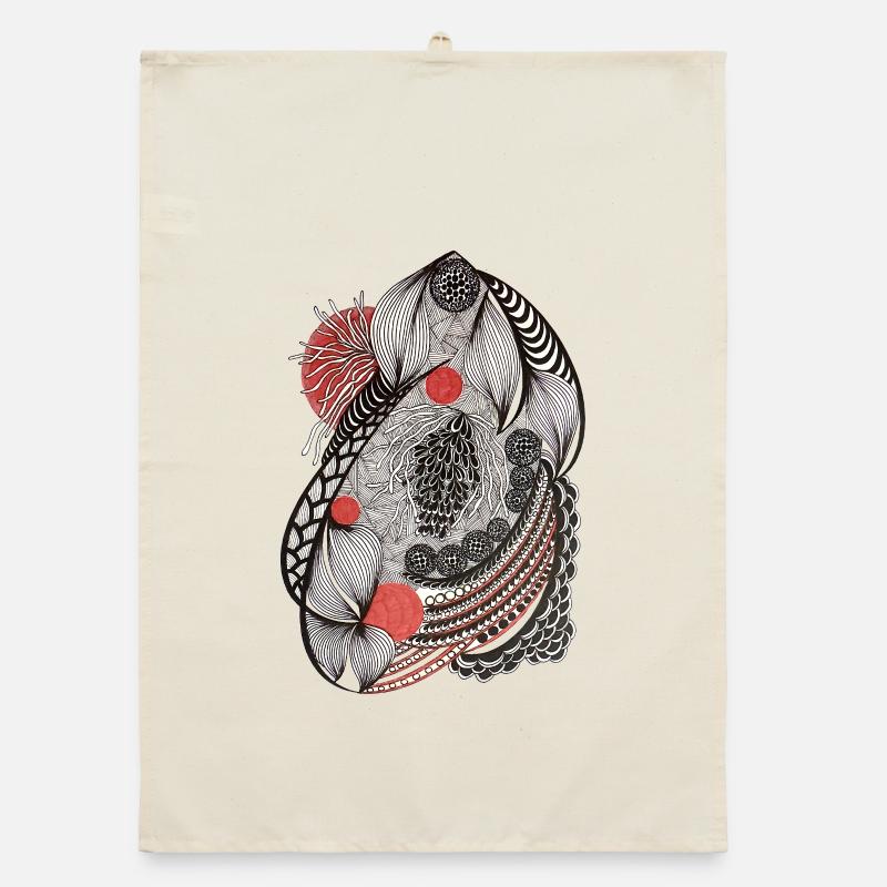 Line flowers pattern with red accent Organic dish towel