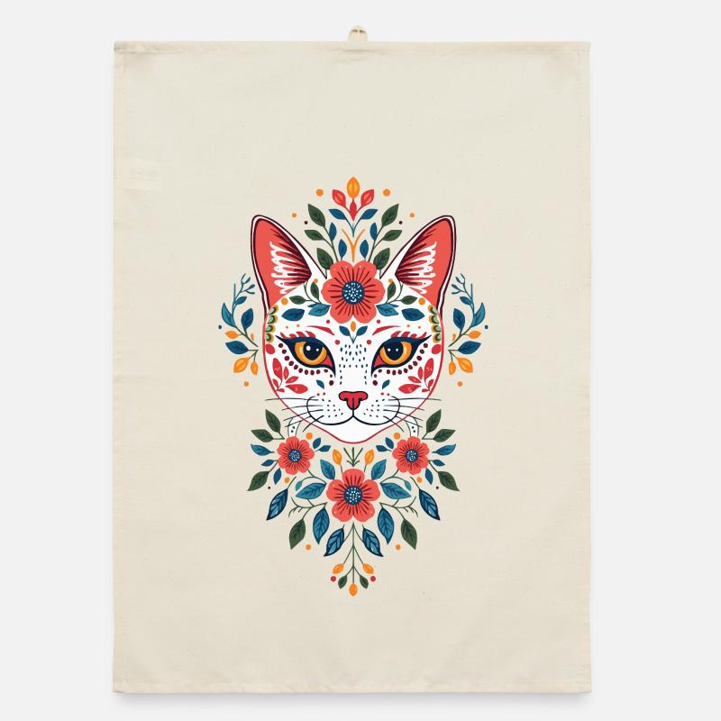 Tête de chat fleur dans le style folklorice Torchon bio