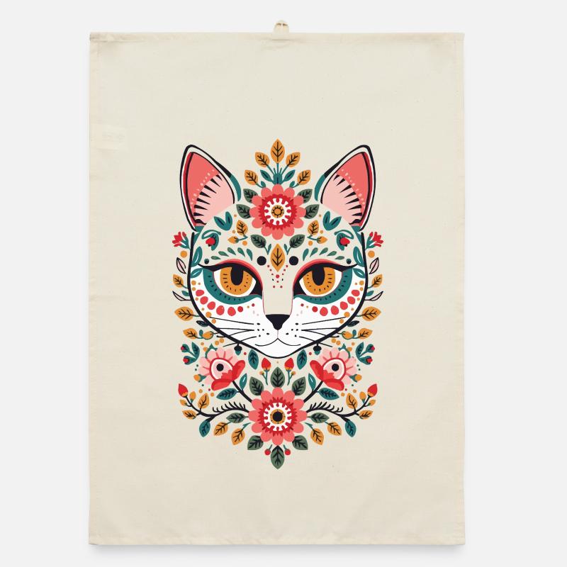 Visage de chat dans le royaume des fleurs Torchon bio
