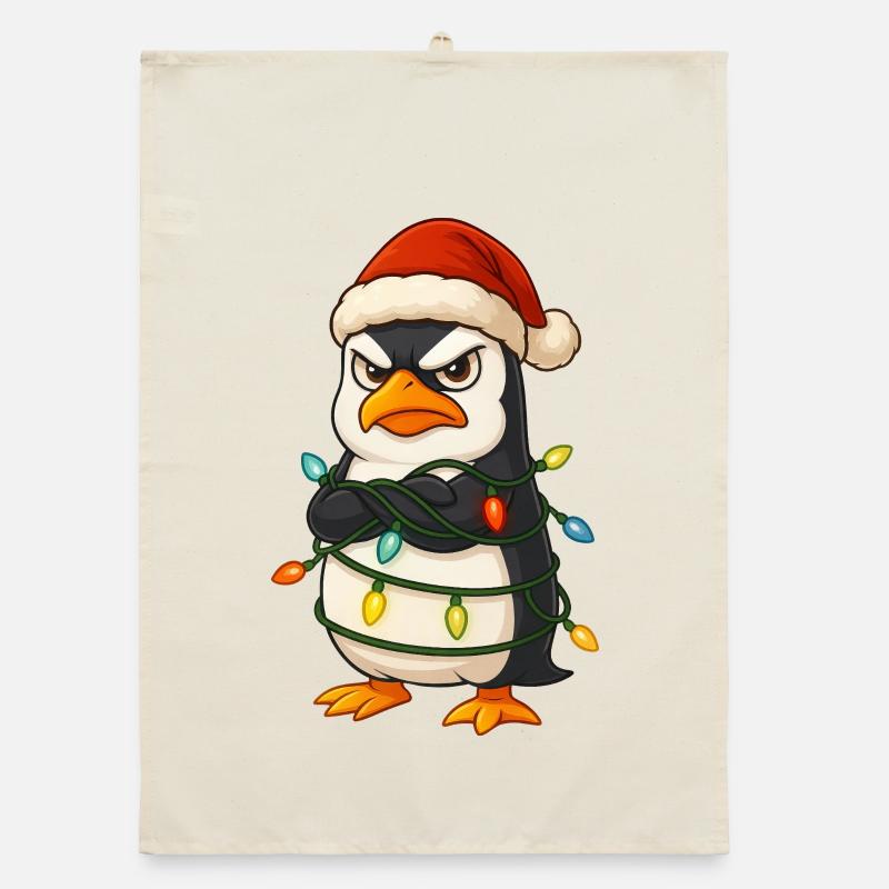 Grumpy Penguin Christmas Santa Hat Lights Organic dish towel
