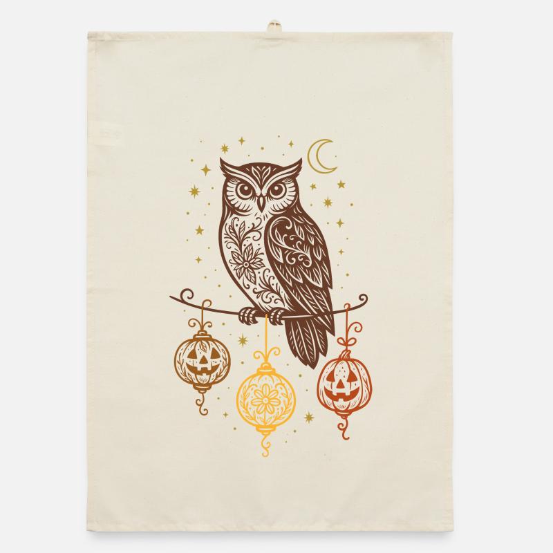 Halloween Eule mit Kürbis Laternen & Sternen Organic Geschirrtuch