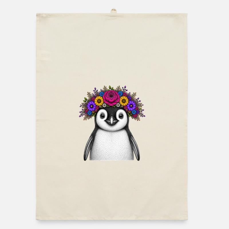Pinguin mit Blumenkrone Organic Geschirrtuch