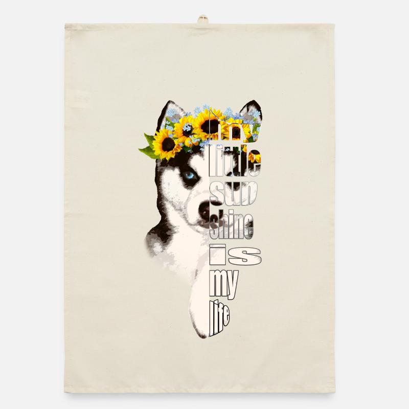 Husky with sunflower wreath Organic dish towel