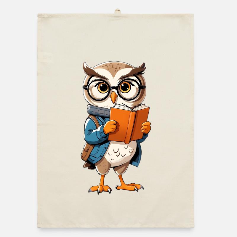 Learning owl with glasses reads book Organic dish towel