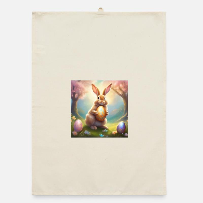 Spring bunny with gold Easter egg Organic dish towel
