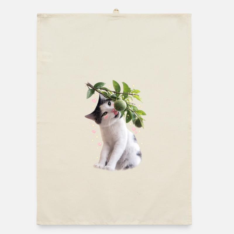 Chat curieux avec du tilleul sur une branche - Torchon bio - nature