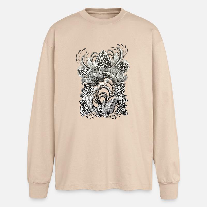 Black and White Flower Branches Pattern - Oversized Long Sleeve T-Shirt - sand