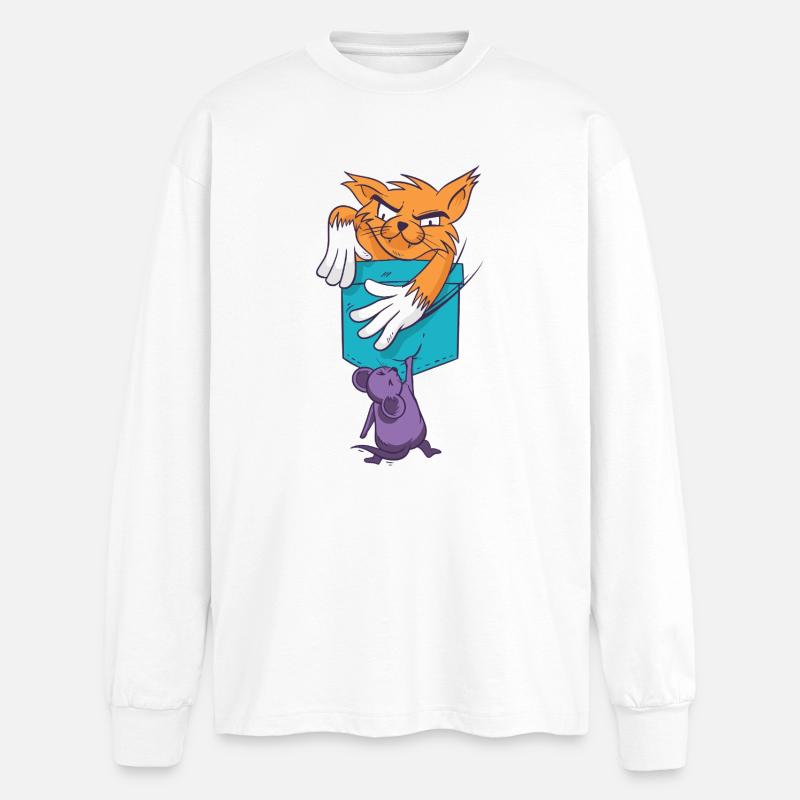 Verspielte Katze mit Mausmuster - Oversized Langarmshirt - Weiß