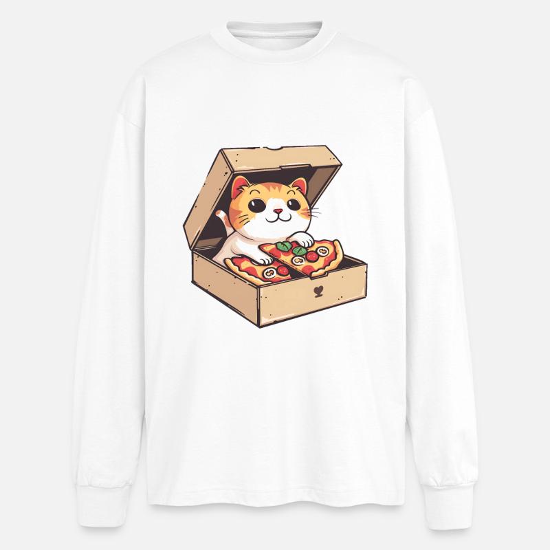 Cat Inside a Pizza Box Holding a Pizza Slice - Oversized Long Sleeve T-Shirt - white