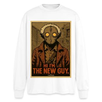 Hi ich bin der Neue – Maskierte Figur - Oversized Langarmshirt  - Weiß - Vorne - AI Model Male 185 light (185cm)