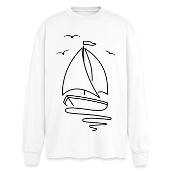 Segelboot mit zwei Segeln und einer Flagge oben. - Oversized Langarmshirt  - Weiß - Vorne - AI Model Male 185 light (185cm)