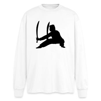 Kung Fu Praktizierender mit zwei Schwertern - Oversized Langarmshirt  - Weiß - Vorne - AI Model Male 185 light (185cm)