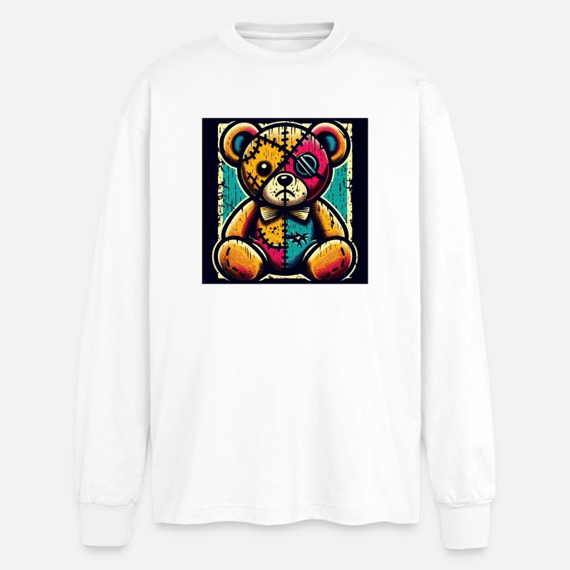 Patchwork Bärenkunst mit Vintage-Charme - Oversized Langarmshirt  - Weiß