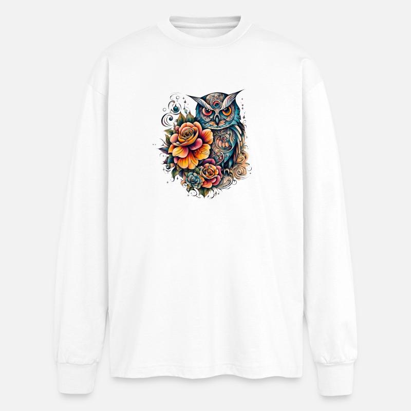Mystische Eulen mit Blumen im Tribal-Stil - Oversized Langarmshirt  - Weiß