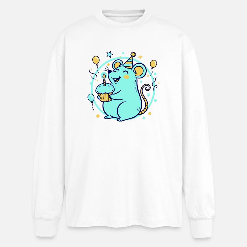 Festliche Ratte mit Kuchen und Partyhut - Oversized Langarmshirt  - Weiß