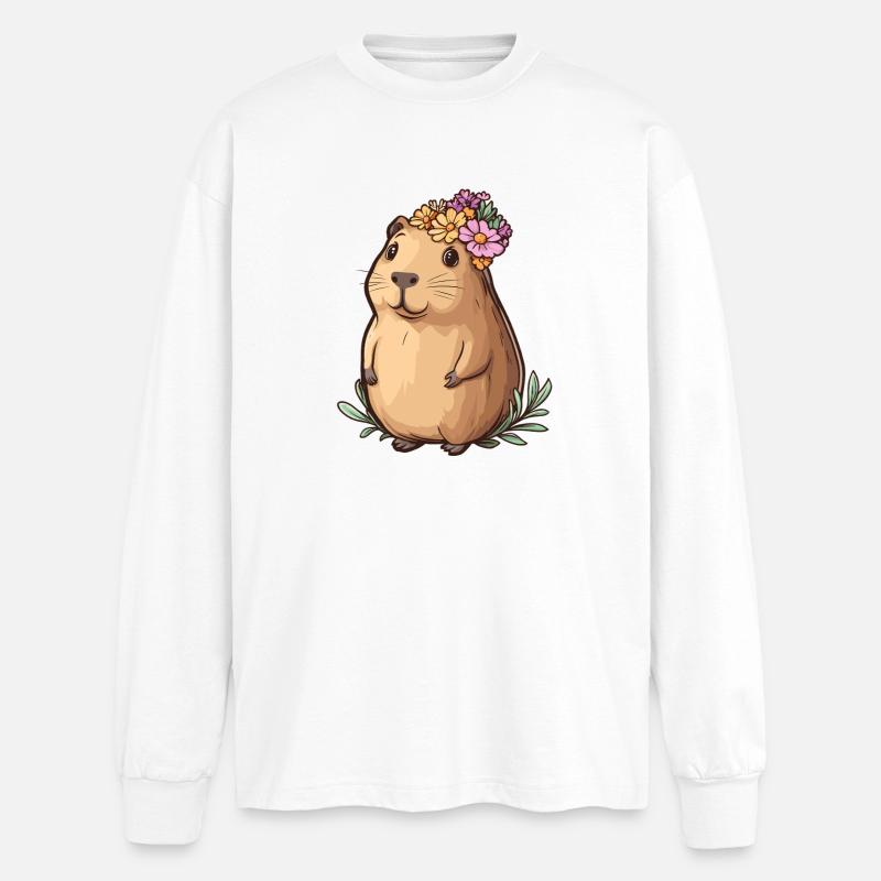 Kapibara avec couronne de fleurs - T-shirt manches longues oversize - blanc