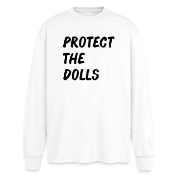 Protect_the_Dolls_-- - Oversized Langarmshirt  - Weiß - Vorne - AI Model Male 185 light (185cm)