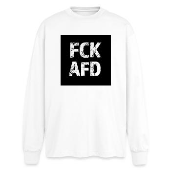 Rauer Schriftzug auf Schwarz fck afd - Oversized Langarmshirt  - Weiß - Vorne - AI Model Male 185 light (185cm)